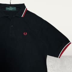 FRED PERRY 英国製 ポロシャツ 月桂樹 刺繍 ライン 半袖 黒 L - メルカリ