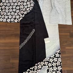 小紋 着物 桜柄 黒×薄青 鮮やかな黄緑裏地のサムネイル