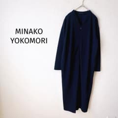 Z【ミナコヨコモリ】ロングワンピース S 長袖 紺 Vネック 前ファスナー 無地