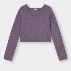 GU パフィータッチVネッククロップドセーター パープル M