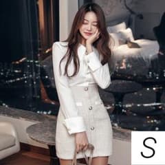 S 白 長袖 ツイード 韓国 ワンピース キャバドレス ミニ 上品 タイト 洋服のサムネイル