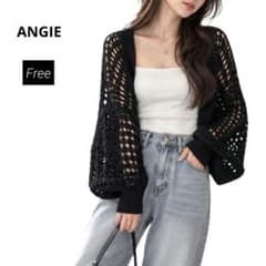 ANGIE 透かし編みメッシュニットボレロ 黒 F ショート丈