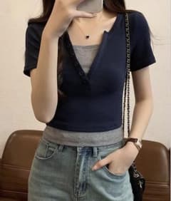 コットンバイカラー半袖Tシャツ　ネイビー　Lのサムネイル