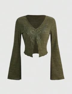 SHEIN バタフライ刺繍 長袖 カーキ フェアリーグランジのサムネイル