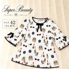 美品✨ スーパービューティー コスメ柄 チュニック リボン 袖フリル