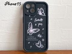 iPhone15 케이스 커버 스마트 폰 케이스 블랙 핑크 나비 쵸초