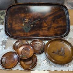 烏城彫讃岐彫木製 漆器 盆 茶托 セット 花柄お盆横51cmのサムネイル