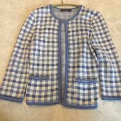 良品 Foxey フォクシー ノーカラージャケット チェック ロゴプレート