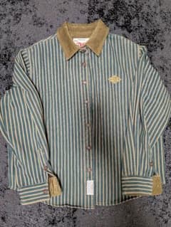 超美品/KARAKU ストライプシャツ コーデュロイ襟 裏フリース Lのサムネイル