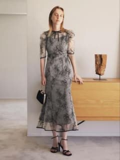 花柄リボンパフスリーブマーメイドワンピースドレス結婚式パーティー成人式二次会 当日発送】花柄リボンパフスリーブマーメイドドレス/パーティードレス