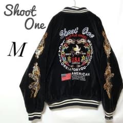 90S　別珍　SHOOT ONE　ドクロ刺繍　スカジャン　Мサイズ　赤 希少】【90年代】Shoot One別珍ベロア スカジャン 刺繍 ブラック