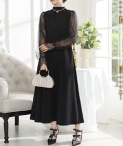 【Lace Ladies】プチハイネック レース ドッキング ロング ワンピースのサムネイル