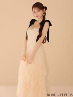 ROBE de FLEURSボリュームチュールショルダーリボンフレアロングドレス 