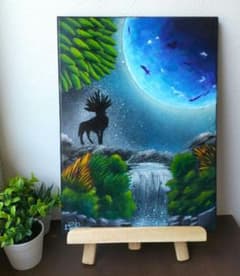 静寂の惑星と見守る鹿｜幻想風景 原画 F4キャンバスのサムネイル