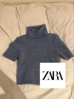 ZARA タートルネック 半袖リブニット ブルーのサムネイル