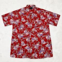 SEIKEN 和柄シャツ　アロハシャツ　日本製 ちりめん風生地　赤　レッド　花柄のサムネイル