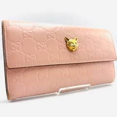 ♡希少♡グッチ 二つ折り財布 小銭入れ リネアキャット シマレザー アニマリエ 希少 グッチ シマ リネアキャット レザー 財布 GG ピンク