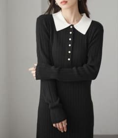 ⚫︎美品⚫︎ Ranan ポロカラー リブ ニット ワンピース ブラック L