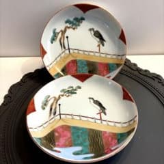 明治時代 古伊万里 古九谷 松鷹図 多色色絵 直径16cm 中皿2枚セット