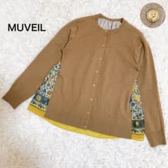 美品☆ MUVEIL シフォン 異素材 切り替え カーディガン 金ボタン 鳥柄