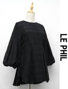 G600/美品 LE PHIL チェックジャガードブラウス タック 7分袖 黒 