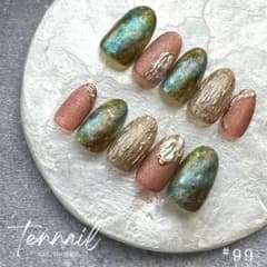 #99 ネイルチップ ニュアンス 緑 青 ブラウン ミラー ラメ マットのサムネイル