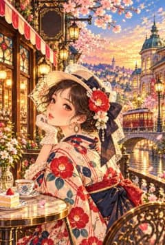 大正ロマン 昭和 レトロ 着物美人 路面電車 お茶 クラシック f256
