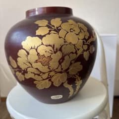 希少 1994年 日本皇室献上品 蒔絵 金彩 漆花瓶 高級漆器 会津塗 本金高蒔絵 花瓶「光記」作 牡丹 23cm 伝統工芸