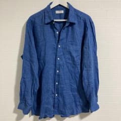 美品　ユニクロUNIQLO プレミアムリネンシャツ　長袖　ブルー系　サイズXLのサムネイル