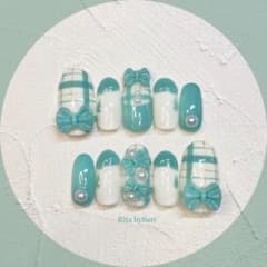 ネイルチップ チェックリボン pistachio green 量産型ネイルのサムネイル