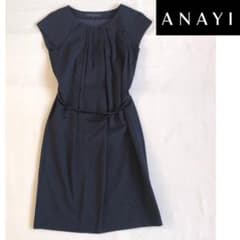 美品【ANAYI】ベルト付き ひざ丈ワンピース/36 S 半袖 ネイビー 紺のサムネイル