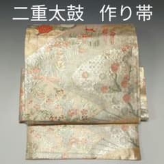 ♦️特選　正絹　四季の花　二重太鼓の作り帯 美品❗二重太鼓の付け帯⭐金彩 四季の花々 六通柄 フォーマル 3543