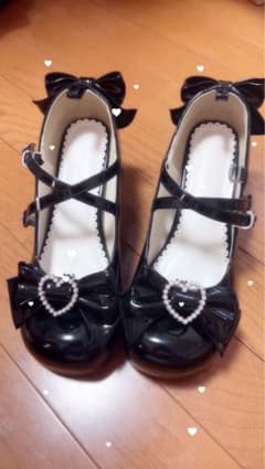 夢展望 DearMyLove 地雷系量産型 リボン付きストラップパンプスブラック