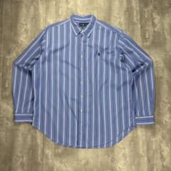 ラルフローレン 刺繍ロゴ 長袖 BDシャツ ストライプ 青白 XL 6693