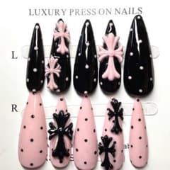 Nail tips, polka dot, pink, y2k, cross design, Heisei era girl, Wish Core, limited stock available.