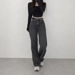 ハイウエスト ストレートデニムパンツ ブラックのサムネイル