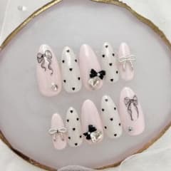 173♡ ネイルチップ ワンホン フレンチガーリー ちゅるん 韓国 リボン