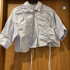 SpRay シャーリングシャツ　クロップド丈　5分袖　ブルー　ストライプのサムネイル