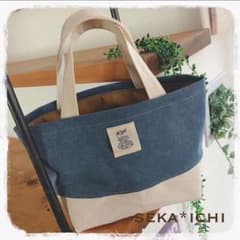 再販★ ミニトートバッグ ★ ハンドメイド 生成り帆布×ヴィンテージブルー帆布のサムネイル