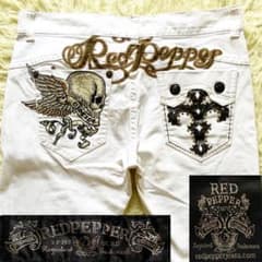 RED PEPPER ダブルスカル刺繍 ホワイトスノレッチデニムパンツ 大サイズ RED PEPPER ダブルスカル刺繍 ホワイトスノレッチデニムパンツ 大