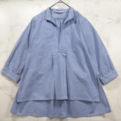 Veritecoeur ギンガムチェックスキッパーブラウス シャツ 七分袖 青