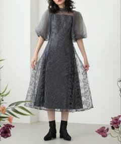 kana オケージョンドレス シアー素材 ボリューム袖 レース グレー Mサイズのサムネイル