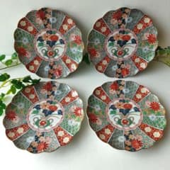 4枚 田扇 菊割 金彩色絵 皿 花籠絵 有田焼 陶扇造 伊万里 銘々皿