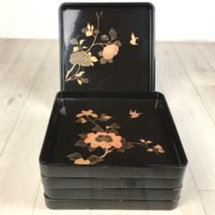 S373懐石膳 四方盆 花鳥蒔絵 5客揃 真塗木製 時代物 - メルカリ