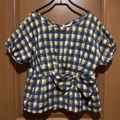 紺×黄×白の三色チェック柄 リボン付き 半袖ブラウス