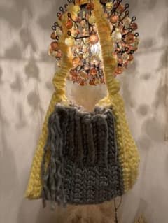 ハンドメイド 手編みバッグ グレー×イエロー ふっくらニット - 3