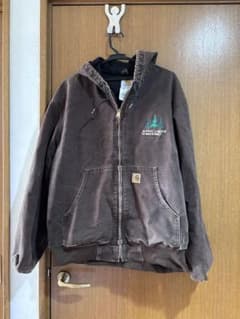 Carhartt お値下け交渉⭕️フード付きジャケット ブラウン FLUORロゴ入 古着 Carhartt フロンティア ブラウン ダック 防寒 パデット
