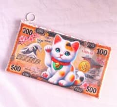 ハンドメイド　フラットポーチ　招き猫　肉球柄ファスナーのサムネイル