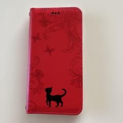 iPhone用 手帳型ケース レッド 猫 蝶々柄 (iPhoneSE)第三世代のサムネイル