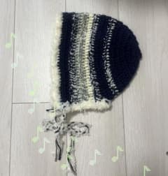ハンドメイド ニットボンネット ネイビー×グレーのサムネイル
